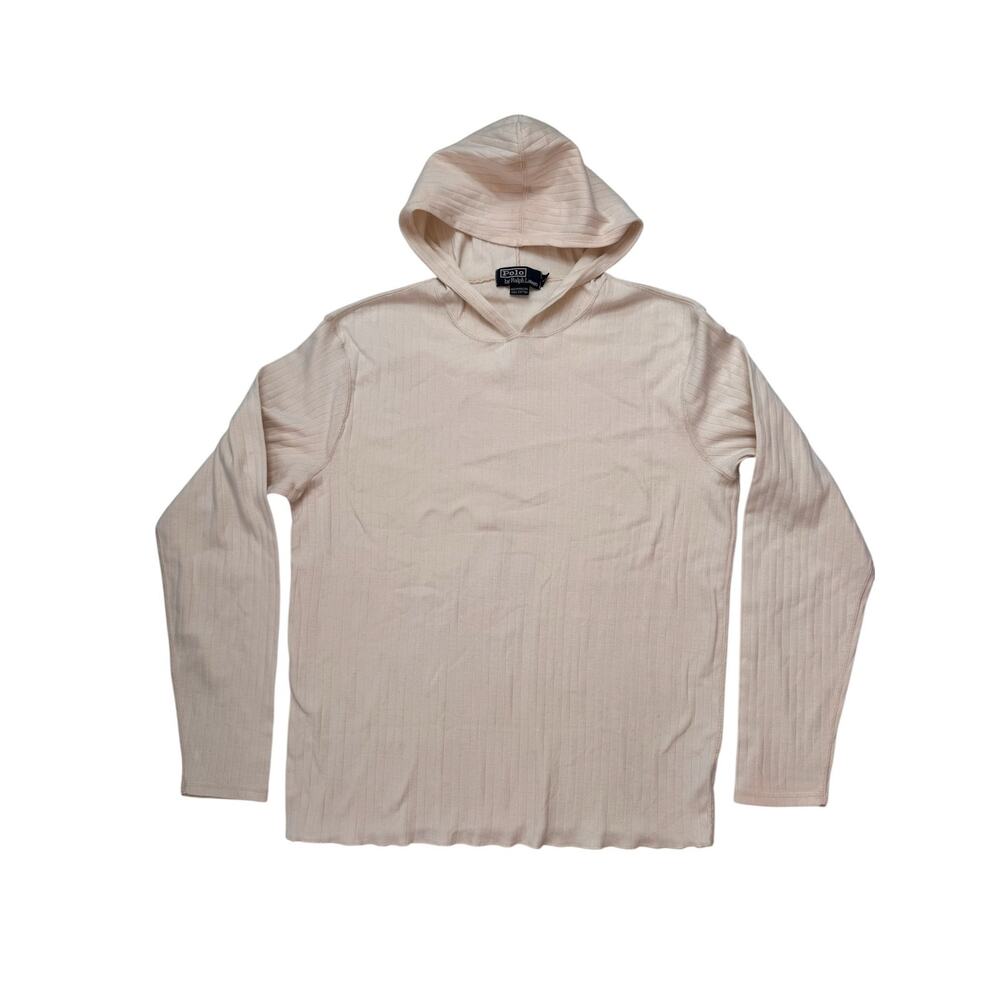 Vintage POLO RALPH LAUREN Cream Ribbed Hooded Shirt Size Medium Mens Cotton